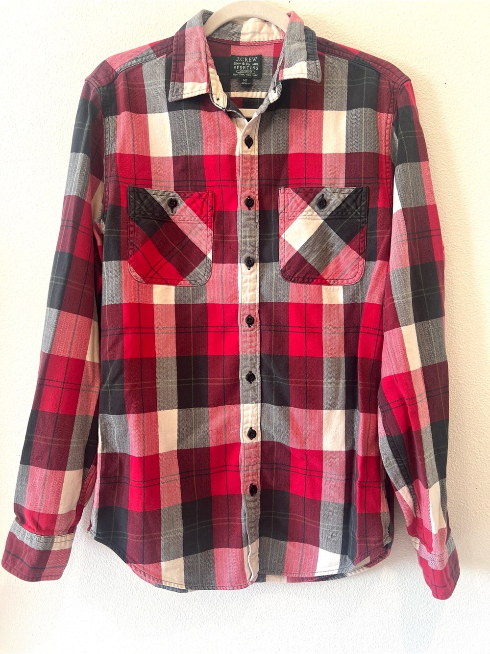 J. Crew Red Black and White Plaid Button-Down Shirt Men Size MT
